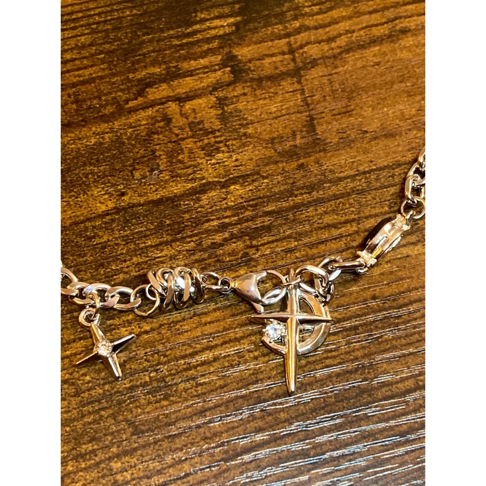 Silver Tone Cross Celestial Star Moon Charm Pendant Necklace with Crystals 21"